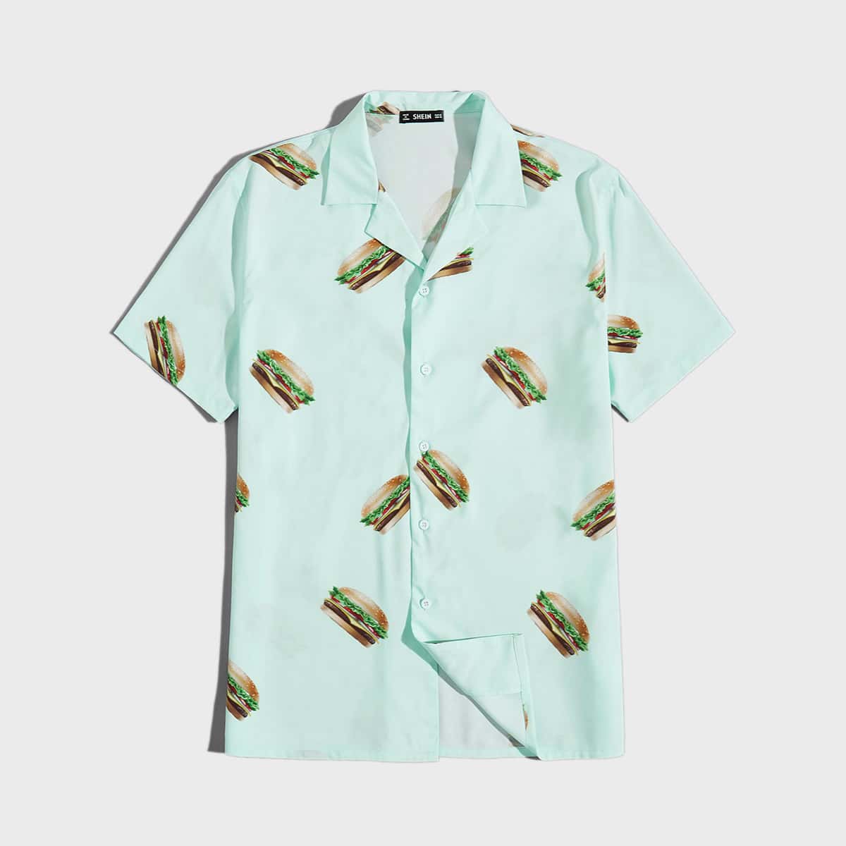 

Guys Notch Collar Hamburger Print Shirt, Pastel mint green
