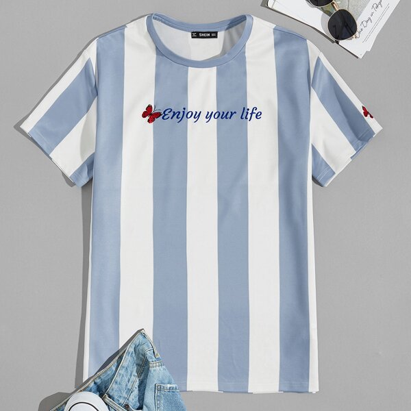 

Men Two Tone Striped Embroidery Slogan & Butterfly Tee, Blue and white