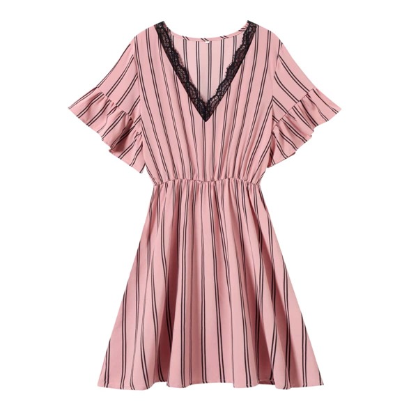

Plus Contrast Lace Striped Print A-line Dress, Dusty pink