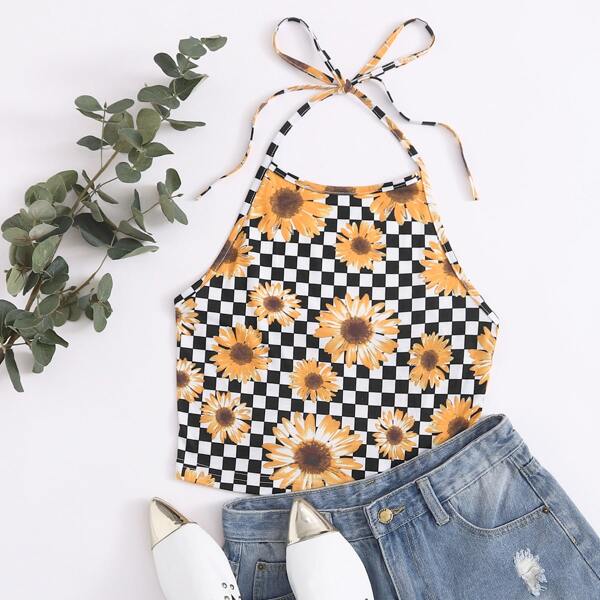 

Daisy Floral & Checker Print Halter Top, Black and white