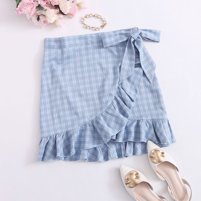 

Ruffle Hem Wrap Knot Plaid Skirt, Pastel baby blue