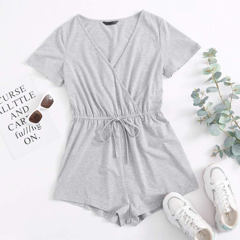 

Surplice Neck Knot Waist Solid Romper, Light grey