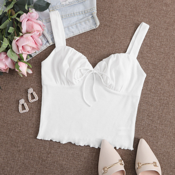 

Knot Detail Ruched Bust Lettuce Trim Cami Top, White
