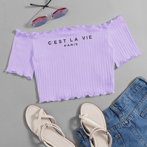 

Off Shoulder Lettuce Trim Letter Graphic Rib-knit Top, Lilac purple