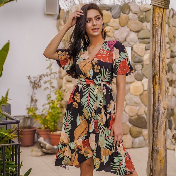 

Floral & Tropical Print Belted Wrap Dress, Multicolor