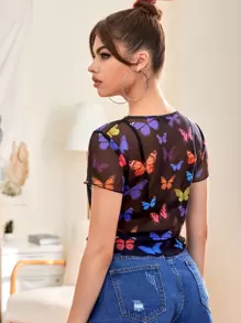 Muchica 生菜邊蝴蝶圖案透明網紗上衣不帶胸罩 - 黑色 - 查看 2