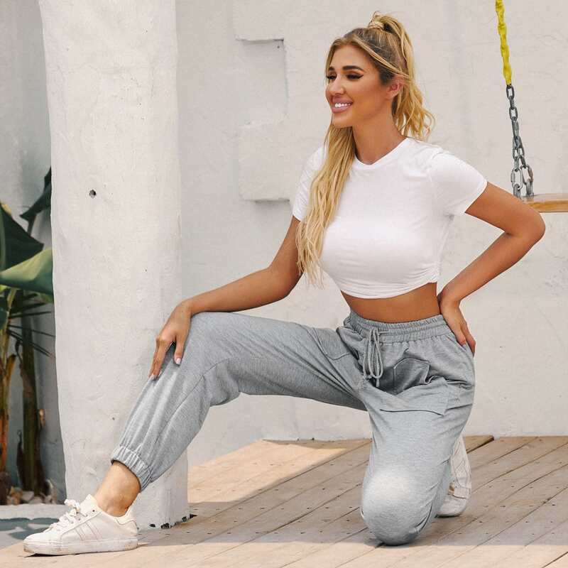 

Solid Drawstring Waist Sweatpants, Light grey