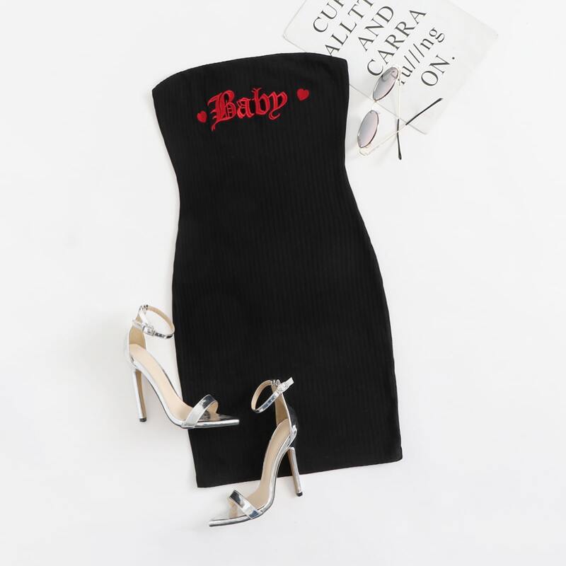 

Embroidery Letter Rib-knit Tube Dress, Black