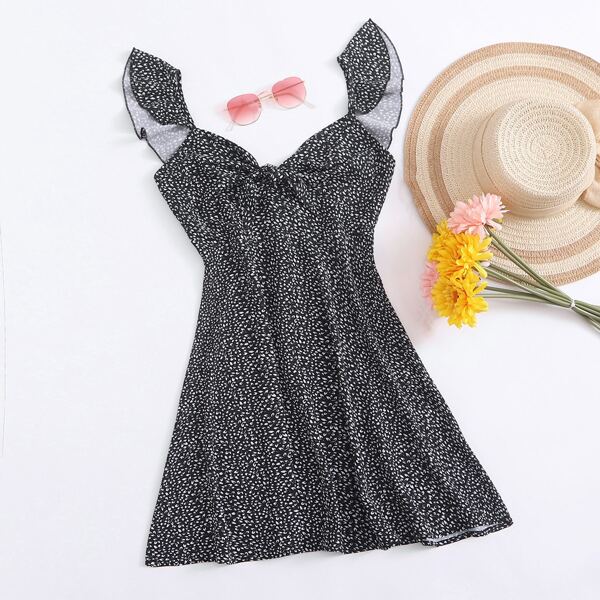 

Ruffle Trim Knot Front Allover Print Dress, Black