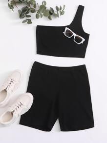 SHEIN EZwear One Shoulder Crop Top & Cycling Shorts Set - Black - View 1