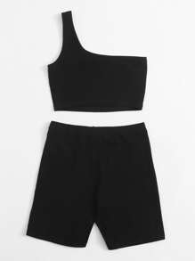 SHEIN EZwear One Shoulder Crop Top & Cycling Shorts Set - Black - View 2