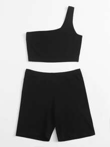 SHEIN EZwear One Shoulder Crop Top & Cycling Shorts Set - Black - View 4