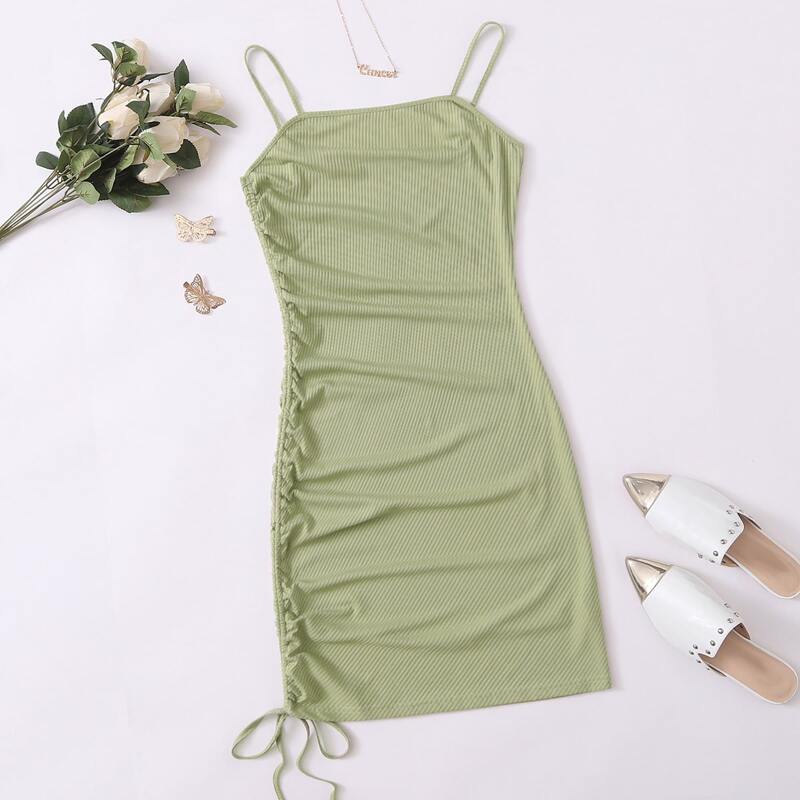 

Drawstring Side Ribbed Bodycon Dress, Green
