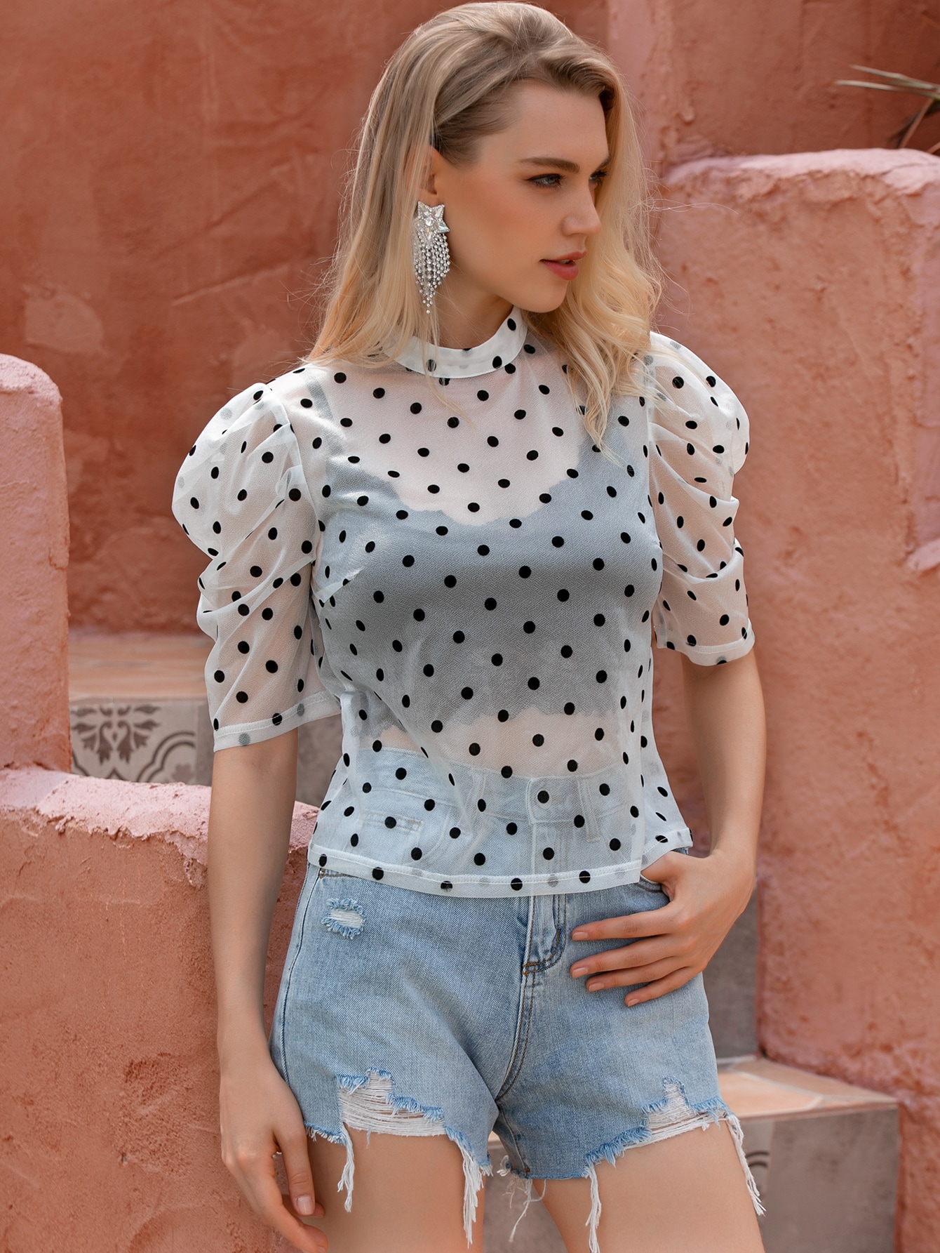 Mock Neck Polka Dot Mesh Top thumbnail