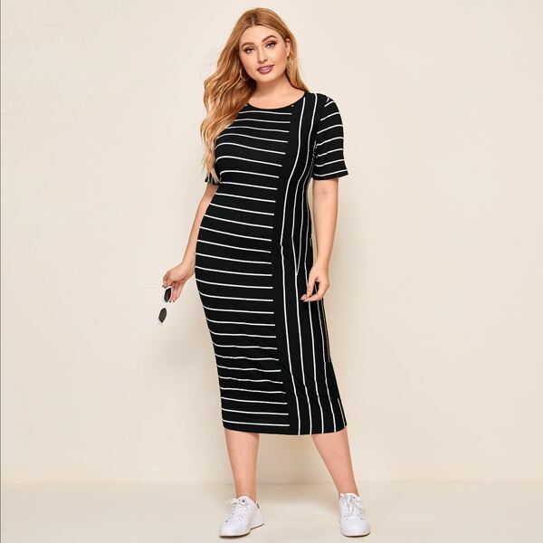 

Plus Striped Bodycon Dress, Black