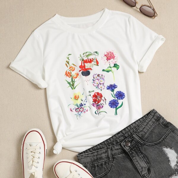 

Floral Print Shorts Sleeve Tee, White