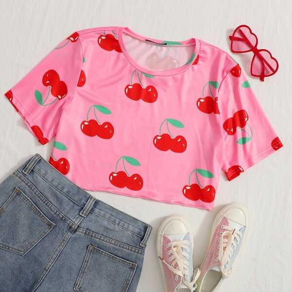 

Plus Cherry Print Crop Top, Pink