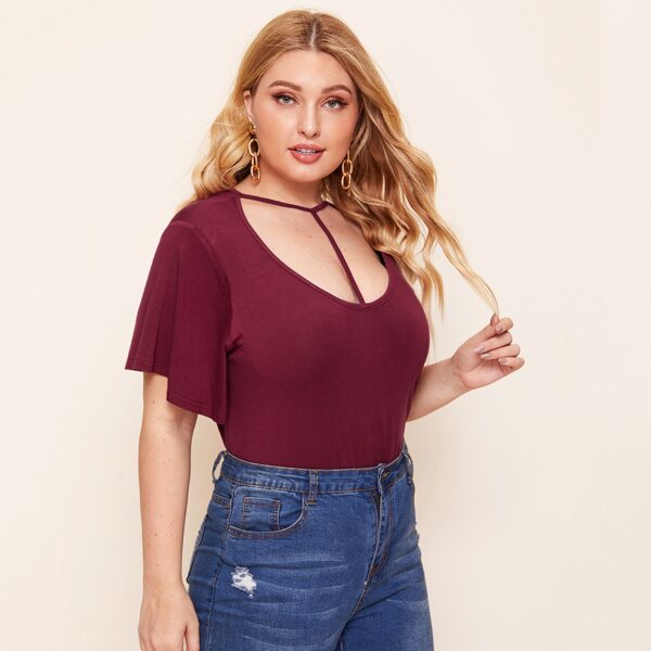 

Plus Flutter Sleeve Cutout Front Solid Top, Maroon