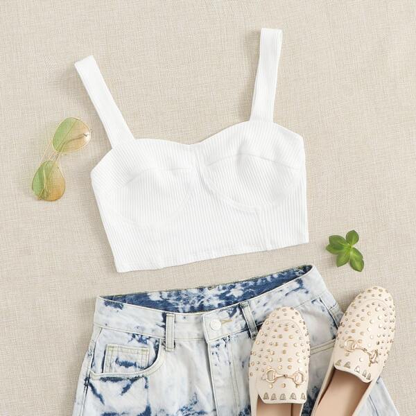 

Solid Rib-knit Bustier Top, White