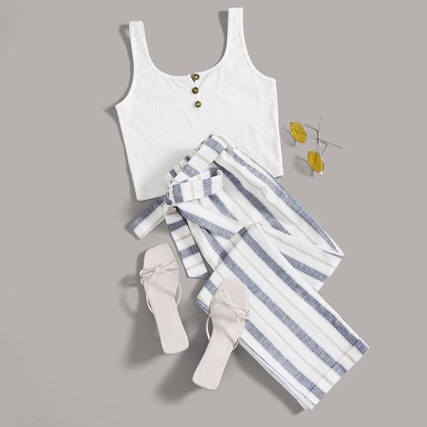 

Plus Rib-knit Tank Top & Belted Striped Pants, Multicolor