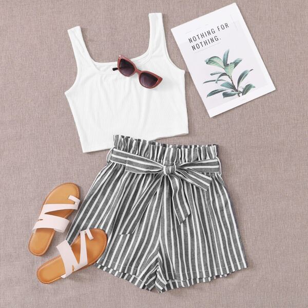

Plus Tank Top & Striped Paperbag Waist Belted Shorts, Multicolor