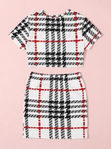 SHEIN Girls Twist Front Plaid Top & Skirt Set - White - View 2
