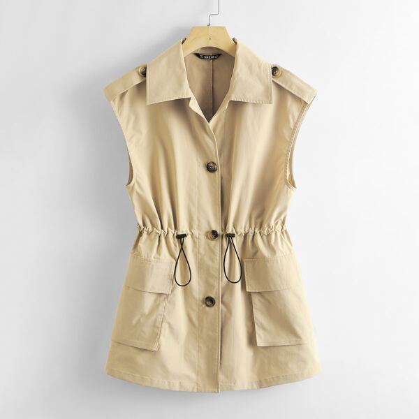 

Flap Pocket Drawstring Waist Vest, Khaki
