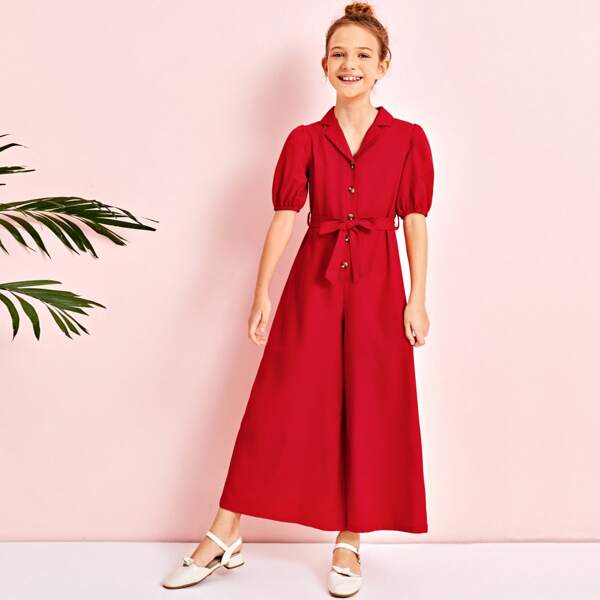 

Girls Notched Collar Buttoned Front Wide Leg Belted Jumpsuit, Red