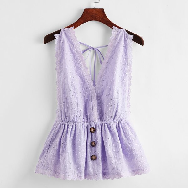 

Eyelet Embroidered Scallop Trim Deep V Neck Backless Top, Lilac purple