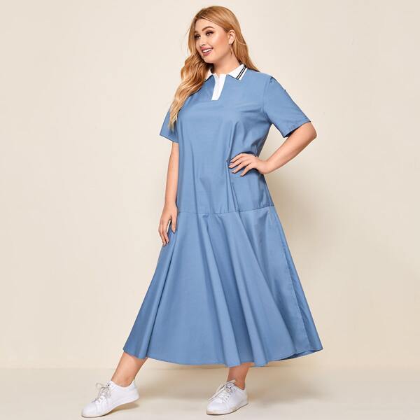 

Plus Polo Neck Flounce Hem Dress, Blue