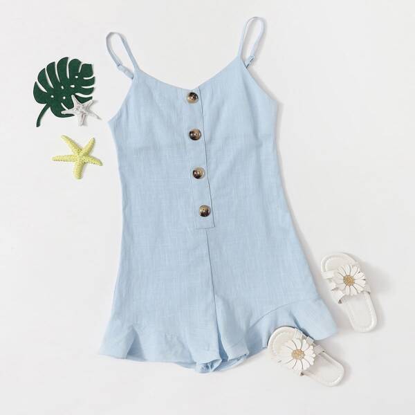 

Girls Button Front Ruffle Hem Solid Romper, Baby blue