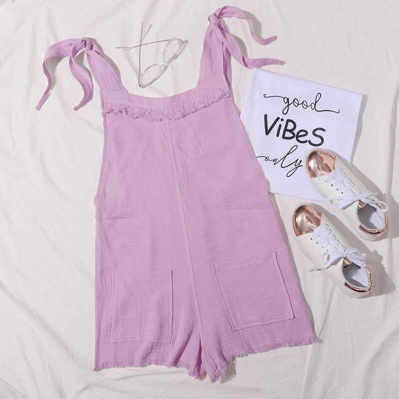 

Pocket Patched Raw Hem Knotted Tank Romper, Lilac purple