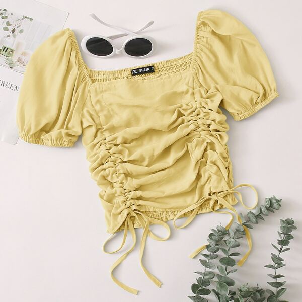 

Shirred Back Drawstring Ruched Crop Top, Yellow