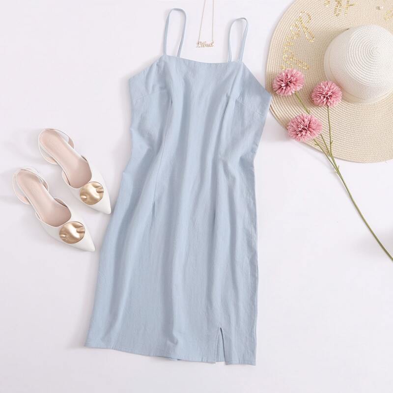 

Zip Back Slit Hem Cami Dress, Dusty blue