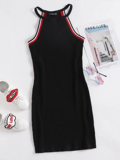 Contrast Striped Rib-knit Bodycon Dress