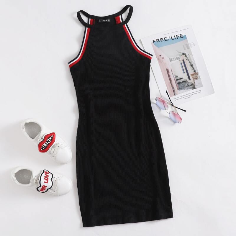 

Contrast Striped Rib-knit Bodycon Dress, Black