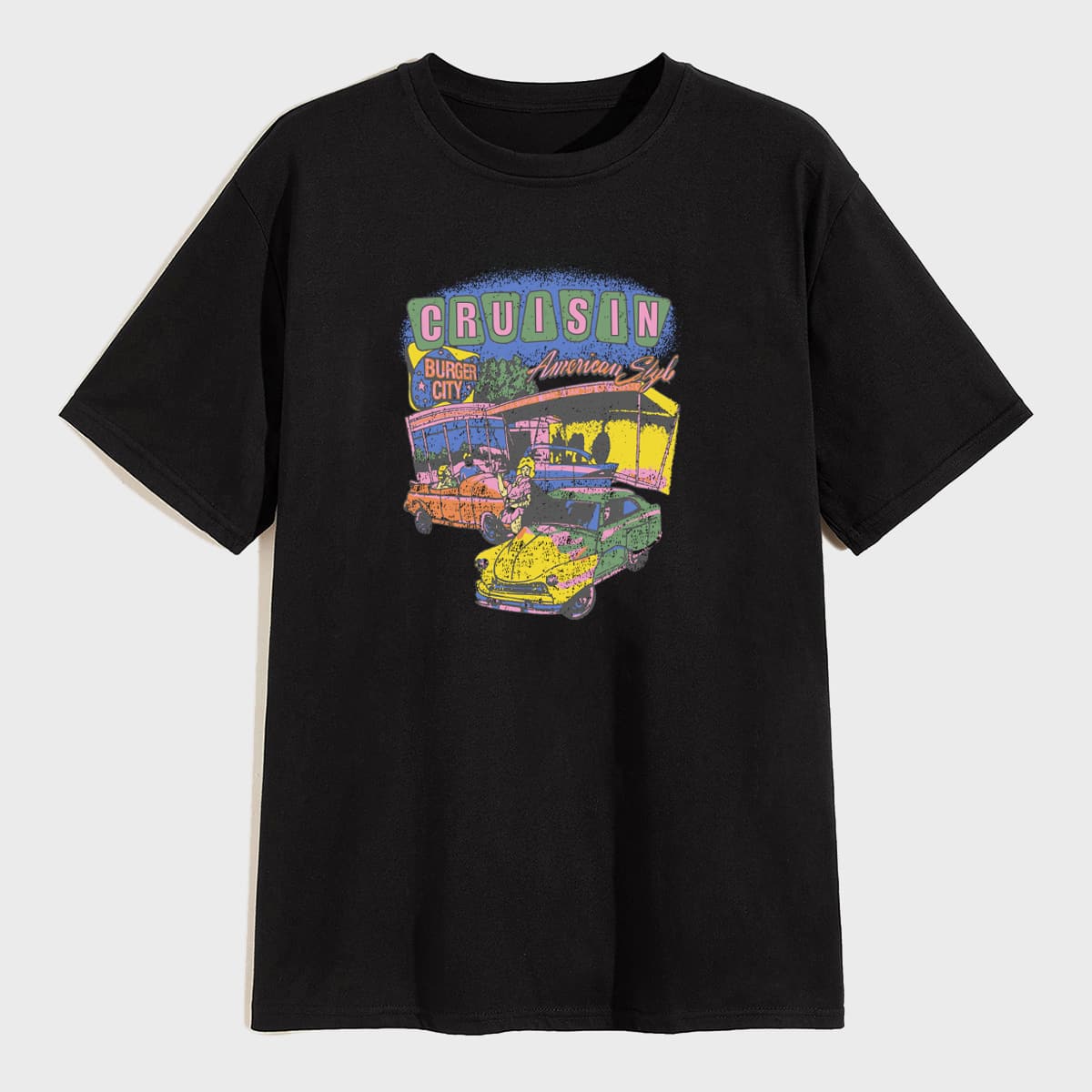 

Men Letter & Car Print Tee, Black