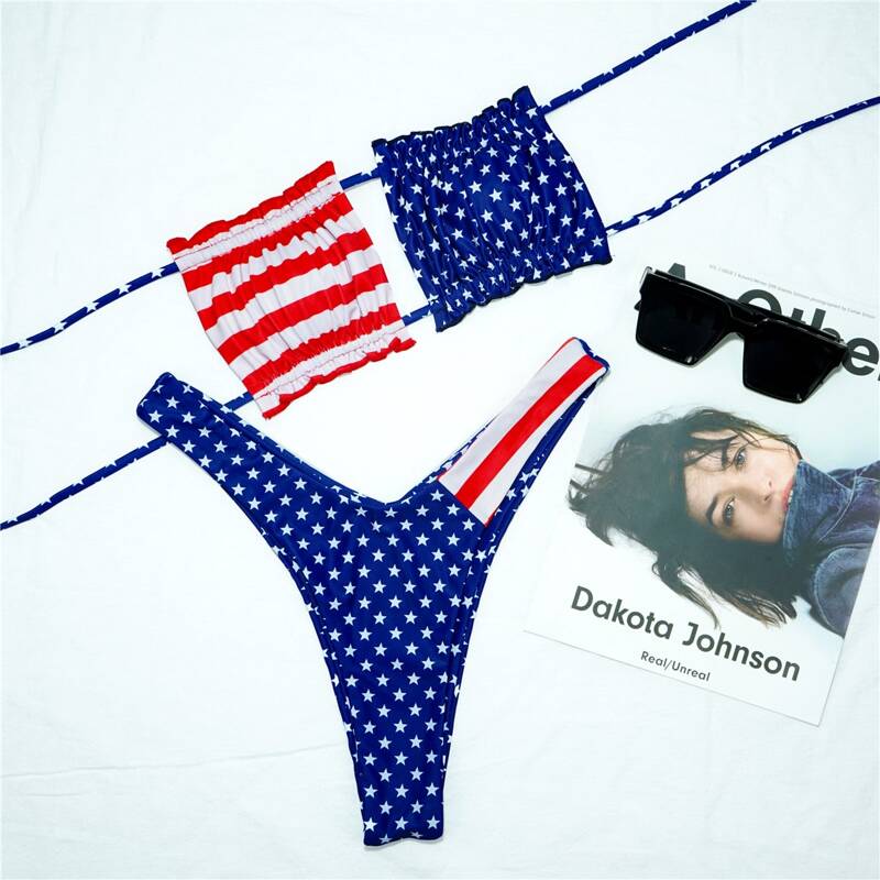 

American Flag Bandeau High Cut Bikini Swimsuit, Multicolor