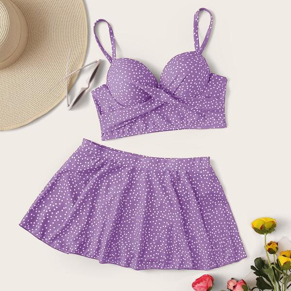 

Polka Dot Twist Push Up Skort Bikini Swimsuit, Mauve purple