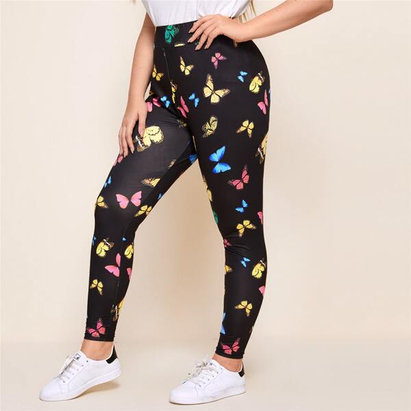 

Plus Butterfly Print Leggings, Black
