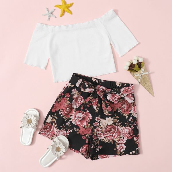 

Girls Lettuce Edge Bardot Top & Self Belted Floral Shorts Set, Multicolor