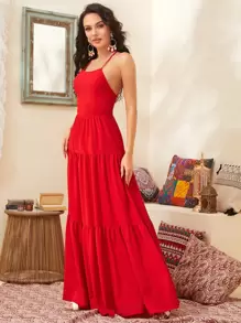 SHEIN VCAY Lace-Up Halter Tiered Ruffled Dress - Red - View 3