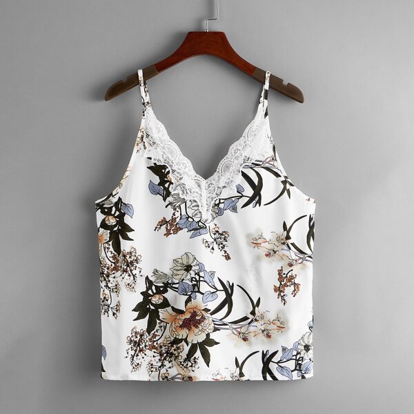 

Lace Trim Floral Print Cami Top, White
