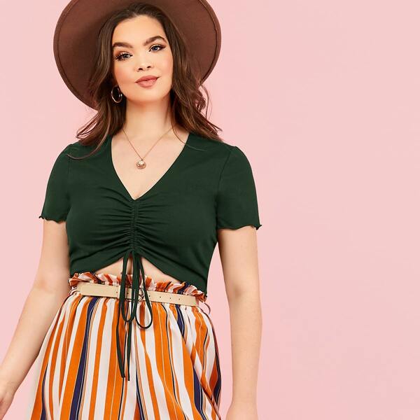 

Plus Lettuce Trim Drawstring Front Solid Top, Dark green
