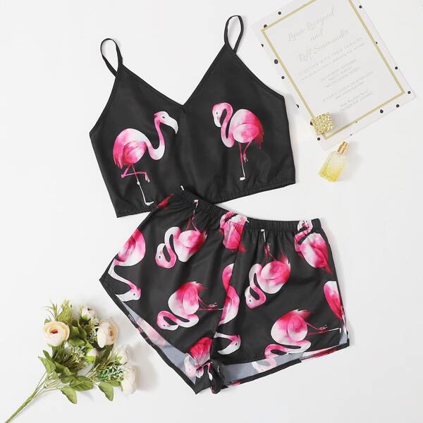 

Flamingo Print Shorts PJ Set, Black