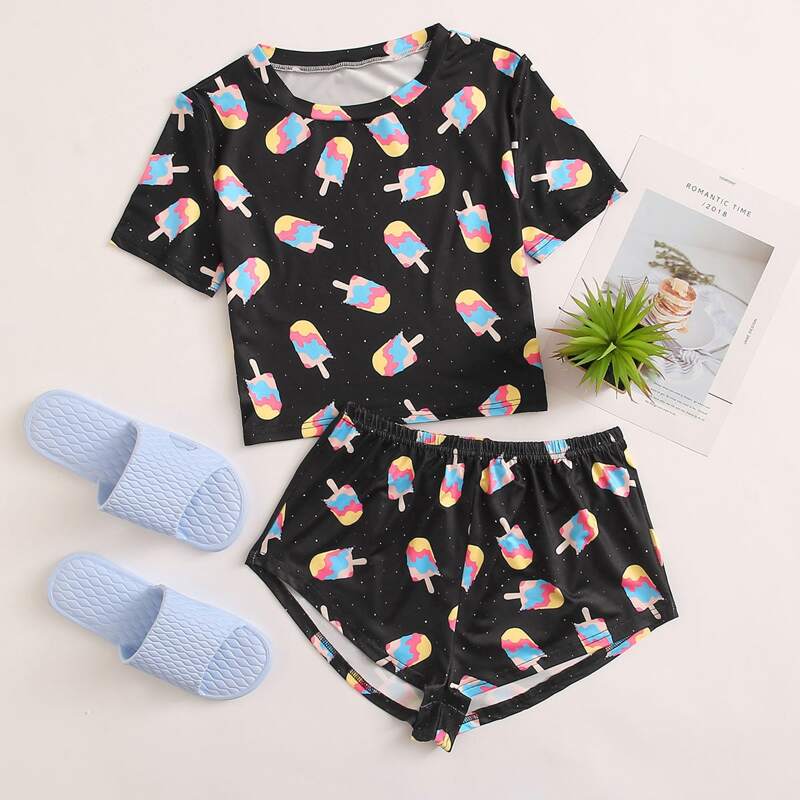 

Cartoon Graphic Shorts PJ Set, Black