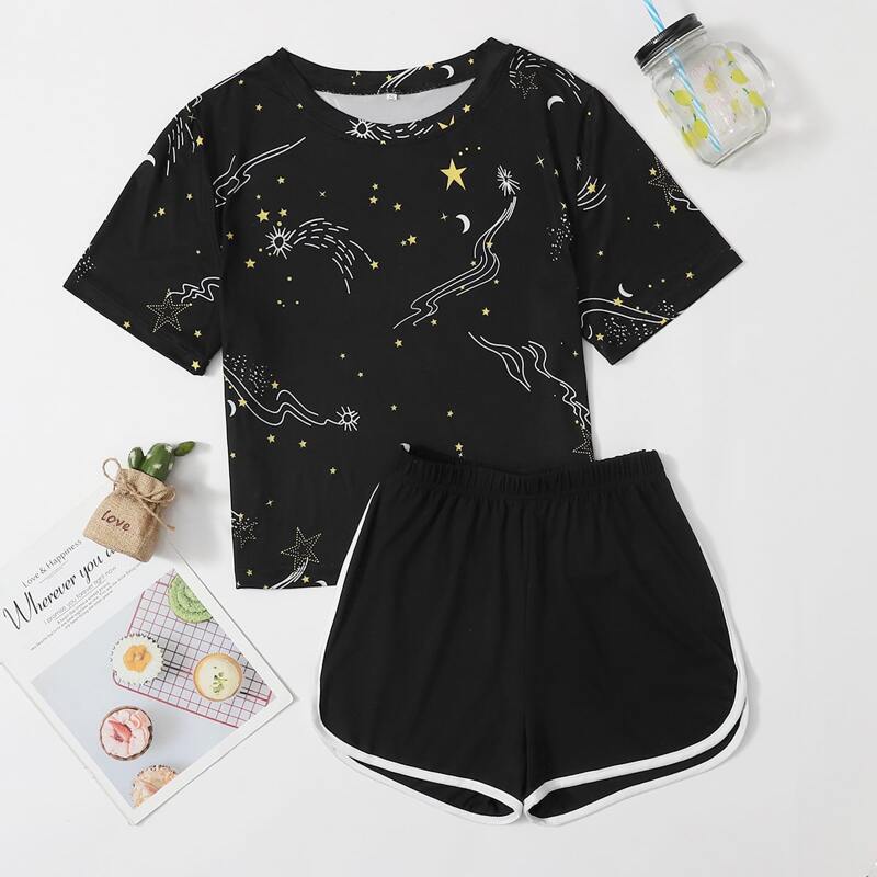 

Galaxy Print Tee & Dolphin Shorts PJ Set, Black