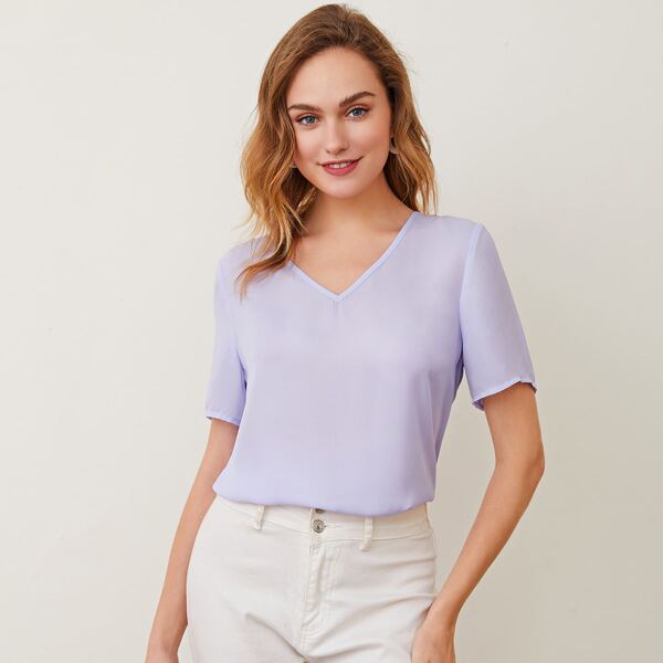 

V Neck Solid Top, Pastel lilac purple