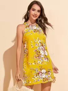 SHEIN VCAY Vestido tank con estampado floral sin manga - Amarillo - Ver 1