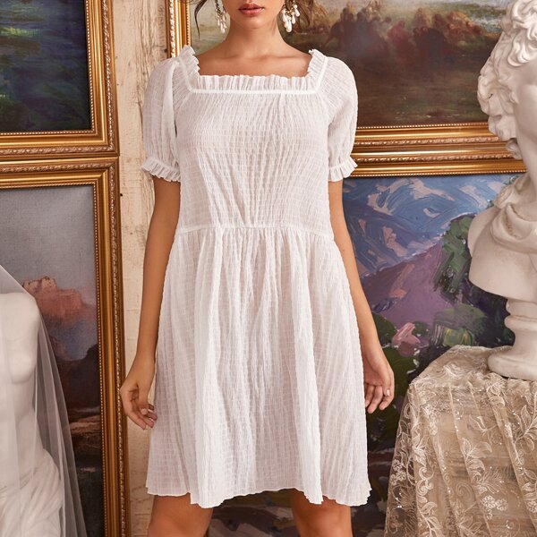 

Frill Trim Square Neck Shirred Dress, White